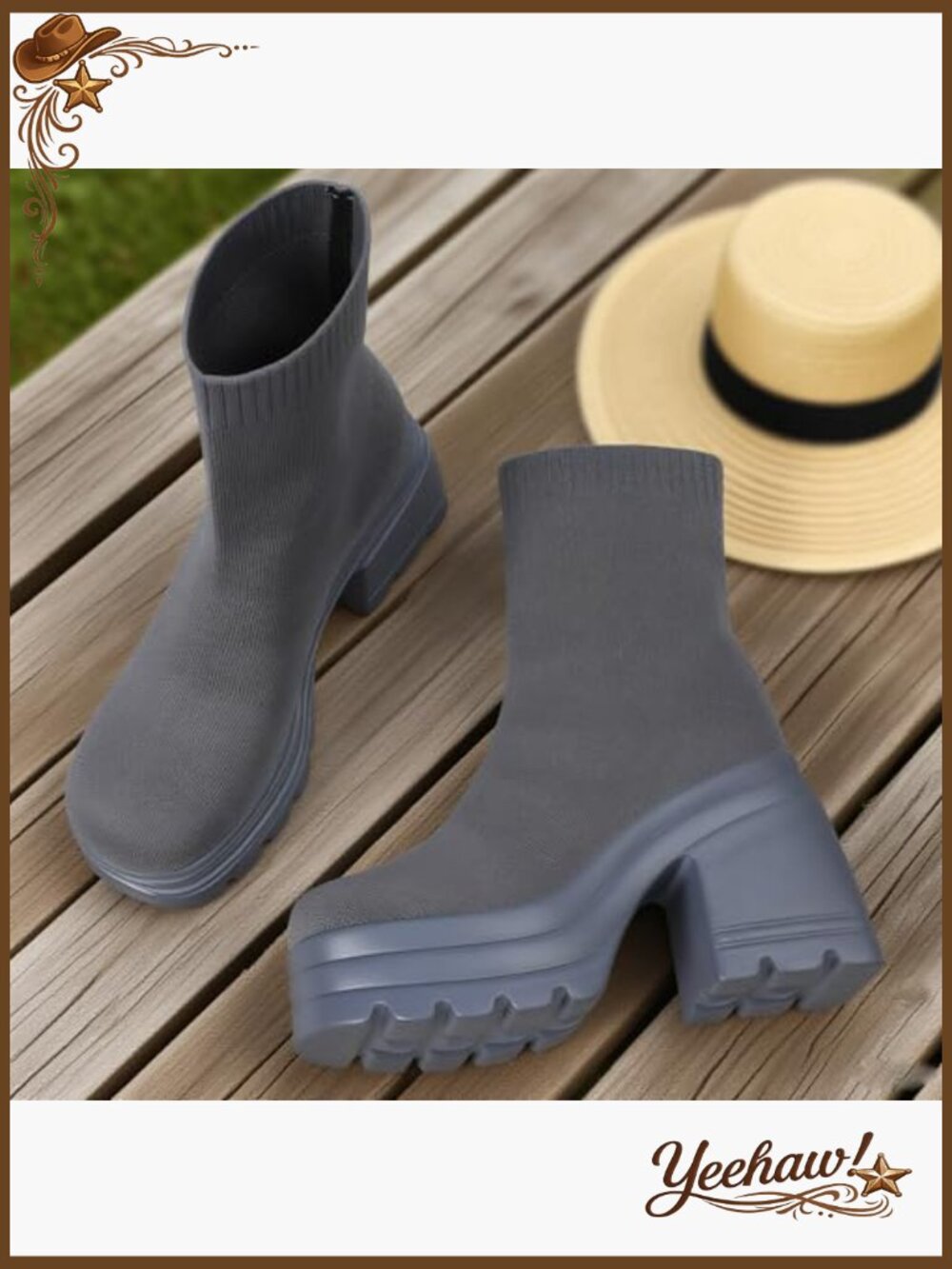 Stretch Knit Ankle Boots Square Toe Chunky Heel Platform Slip On - Picture 5 of 7